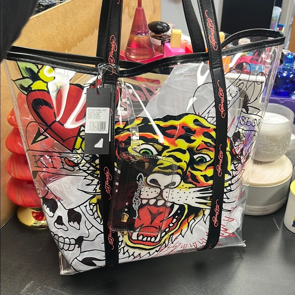 Ed Hardy Black and White Tote Bag with Skull Motif